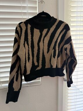 Women's cropped Black and Tan Zebra-Print Knit Sweater